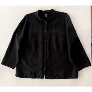 Eileen Fisher Sz 2X Band Collar Tunic Top Black Linen Lagenlook Minimalist Plus